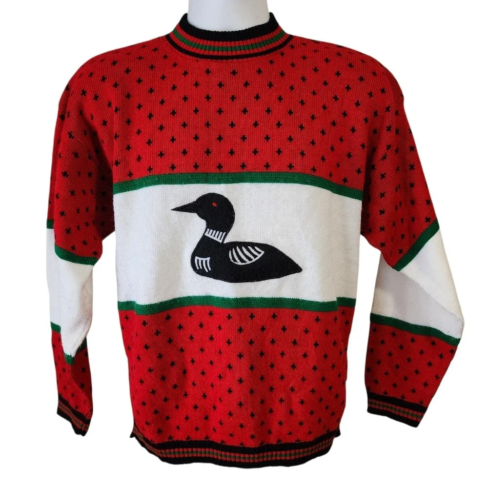 Vintage Winona Knits Loon Sweater USA Mens M Red Acrylic Knit Made in USA